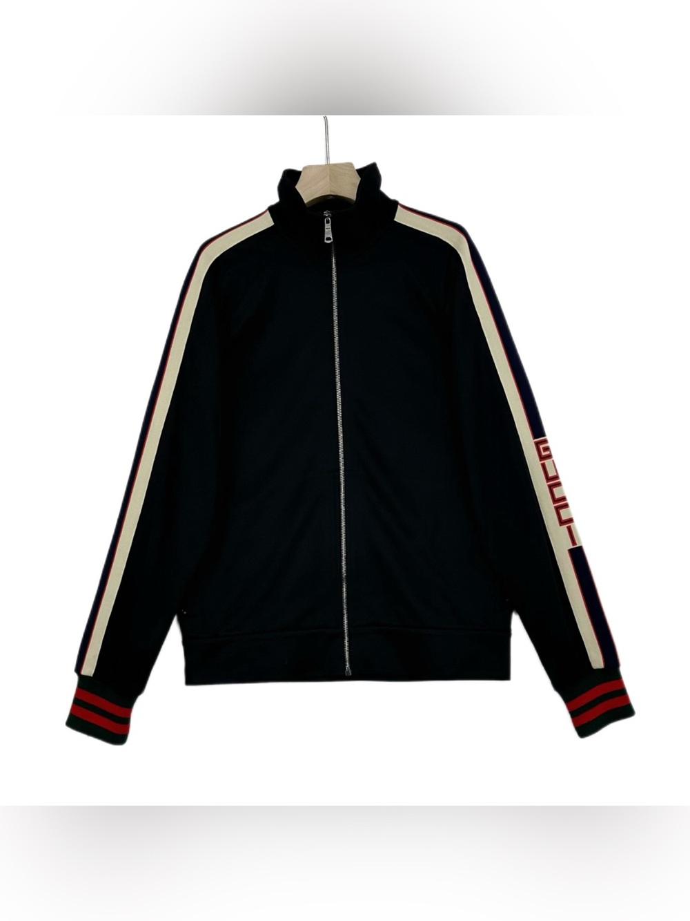 Gucci Black Track Jacket with Cream & Red Stripe Accents